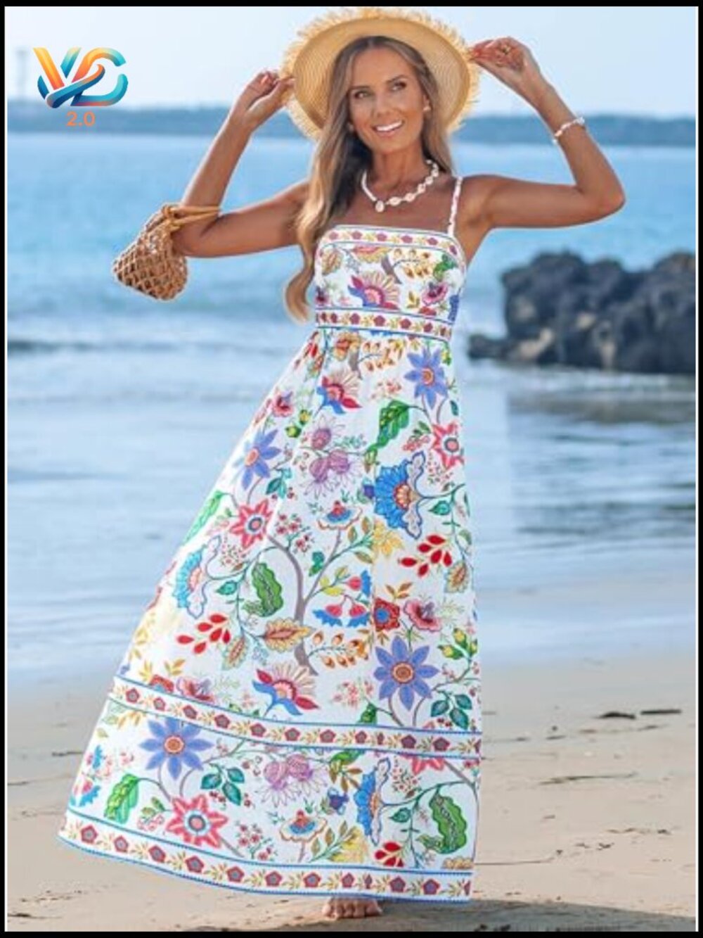 Women's Spaghetti Strap Maxi Dress Boho A-Line Flowy Sleeveless Sun Dress - Picture 5 of 7